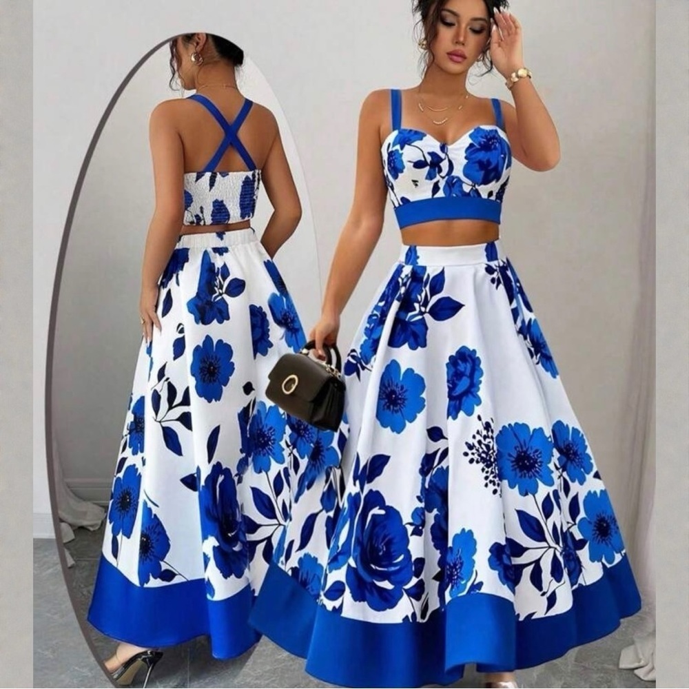New Satin Floral Crop Top & Skirt 2-Piece Set Outfit Blue & White XL - Picture 6 of 7